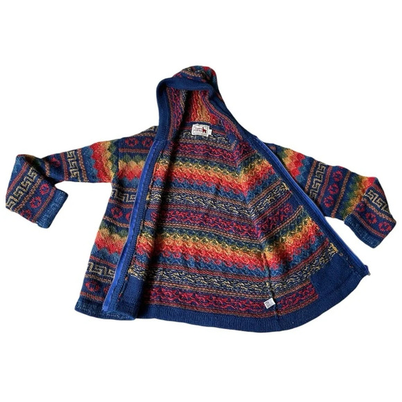 Rainbow Alpaca Cardigan Zip Up Hood Hand Knit in Peru Size L - Picture 2 of 9